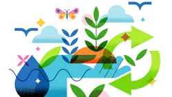 Colorful abstract illustration showing a circular cycle of growth and renewal, with green leaves, plants, blue water, clouds, birds, a butterfly, and curved arrows surrounding a central landscape.